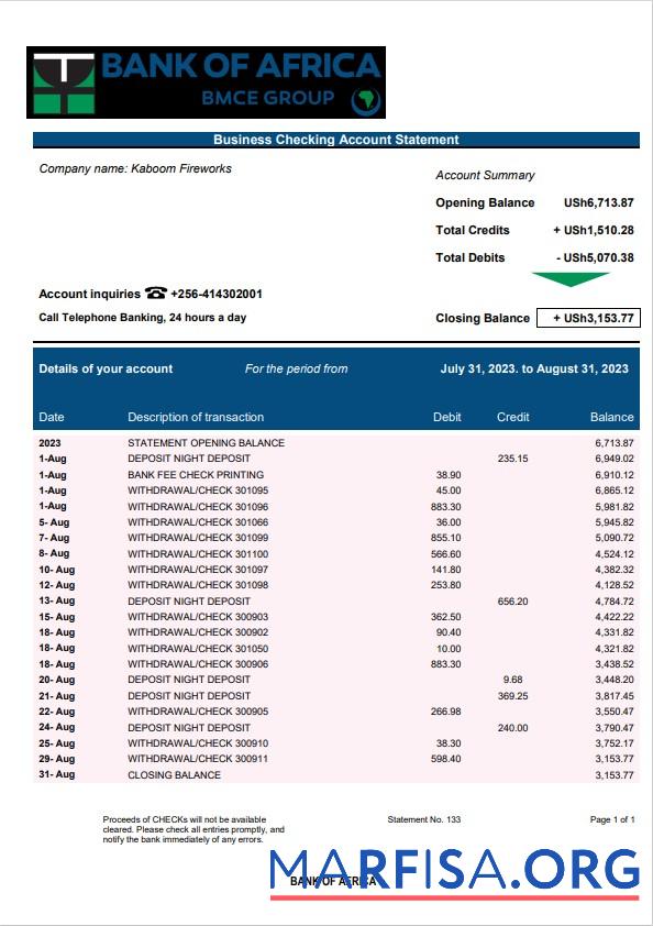 Downloadable Bank of Africa enterprise account statement Word and PDF template